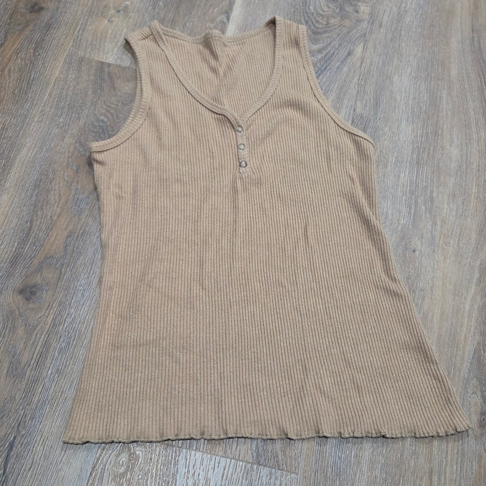 Dark Khaki Ribbed Henley Tank Top Lettuce Edge Hem Medium
